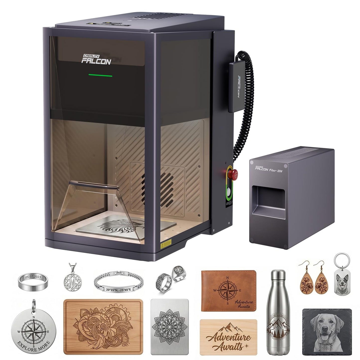 Creality Falcon T1 20W Fiber Laser Engraver, 10000mm/s Ultra Fast Laser Engraver and Cutter Machine for Metal,Wood,Jewelry,HD Smart Camera,Class 1 Certification, Auto Feed&Convey,AI Powered Simplicity