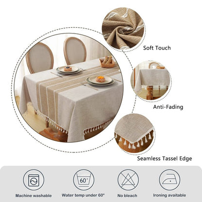 Laolitou Rustic Cotton Linen Table Cloth,Tablecloths for 6 Foot Rectangle Tables,Waterproof Washable Tablecloth with Tassel Rectangle/Oblong, 55''x 86'', 6-8 Seats