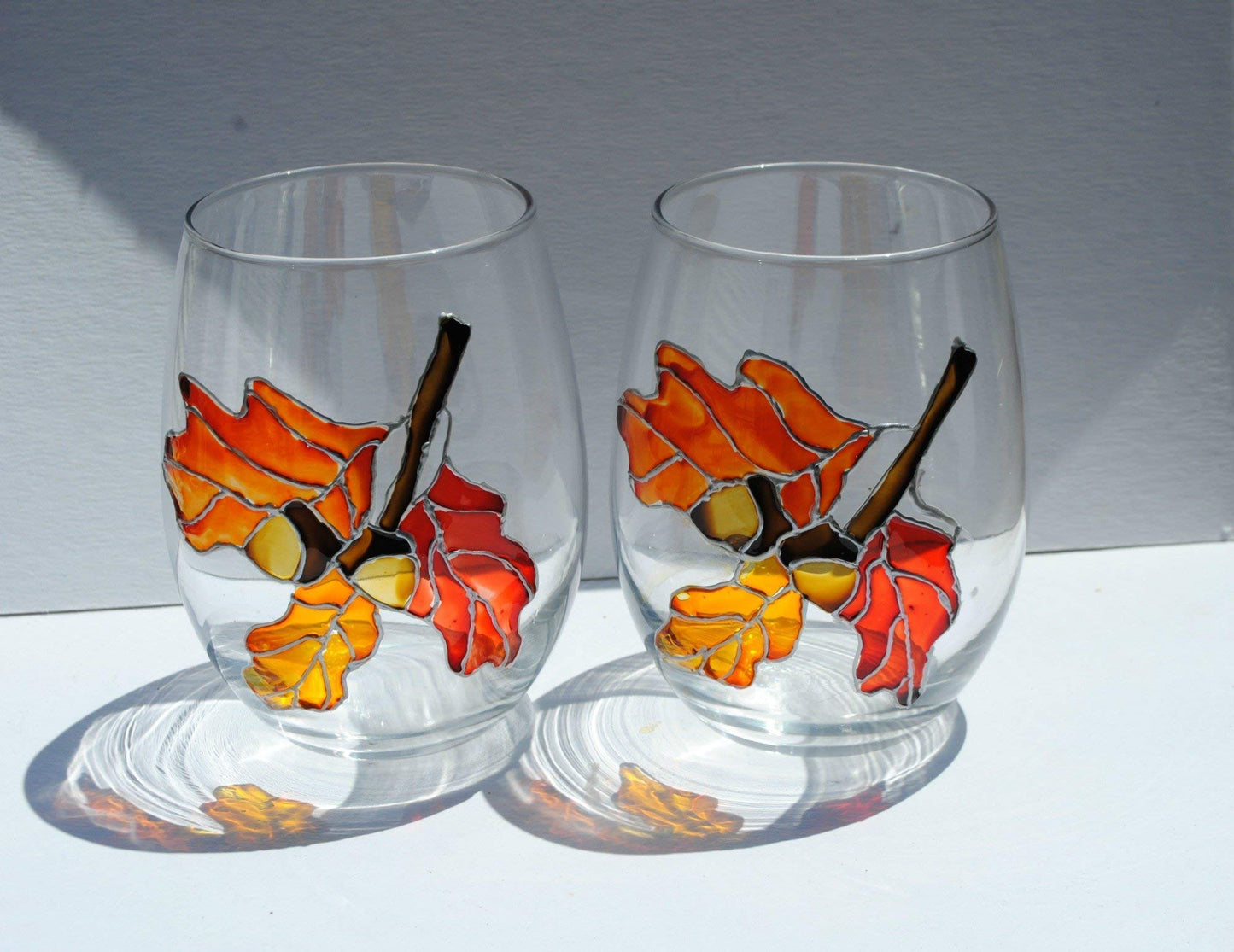 Oak Leaves Acorns Stemless Hand Painted Wine Glasses Set 2 Fall Decor