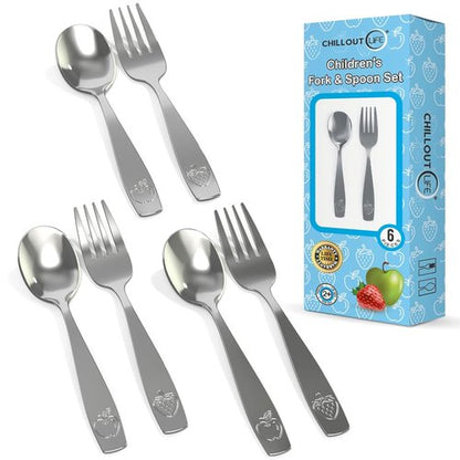 Chillout Life Stainless Steel Kids Silverware Set - 6-Piece Child Safe Utensil Set | Includes 3 Spoons & 3 Forks