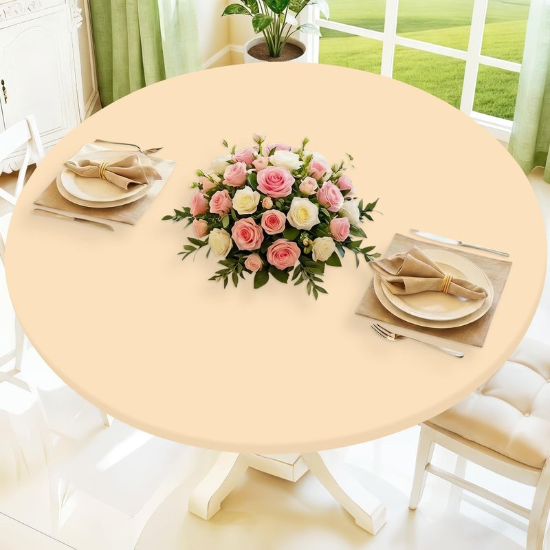 Moosfor Round Spandex Tablecloth, Elastic Fitted Waterproof Tablecloths for 57"-68" Tables, Stretch Washable Picnic Table Cover for Camping, Dining, Indoor and Outdoor,Ivory