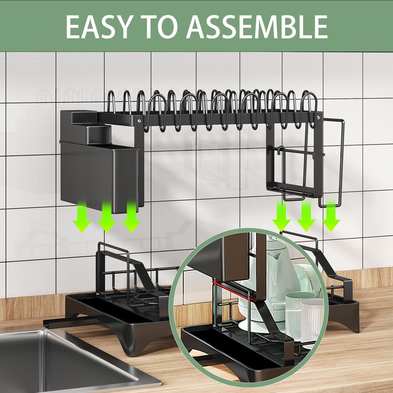 BOOLKER Dish Drying Rack, 2 Tier Dish Racks for Kitchen Counter, Detachable Dish Drainer Organizer with Utensil Holder, Drying Rack with Drain Board, Black, A Mat for Cutting Board