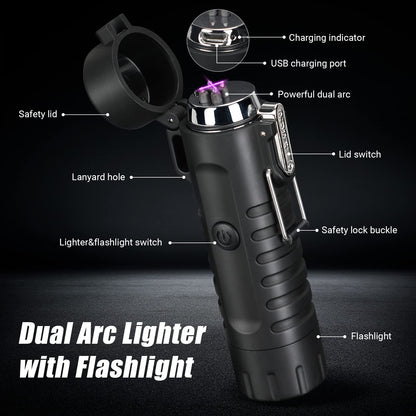 Scotte Plasma Windproof Arc Lighter Electric Lighter and LED Flashlight - 2 in 1 (Black)/5 in 1 Magnesium Fire Starter for Emergency Survival, Candle, Camping, Hiking, All Weather Magnesium Ferro Rod