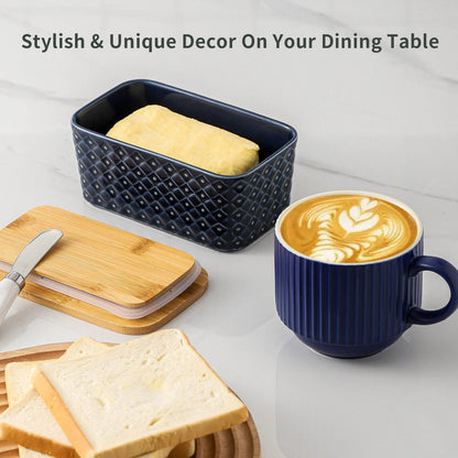Hasense Ceramic Butter Dish with Lid, Butter Container for Countertop Airtight Butter Stick Covered Keeper,Navy Blue Embossed Pattern,Easy Clean Dishwasher Safe