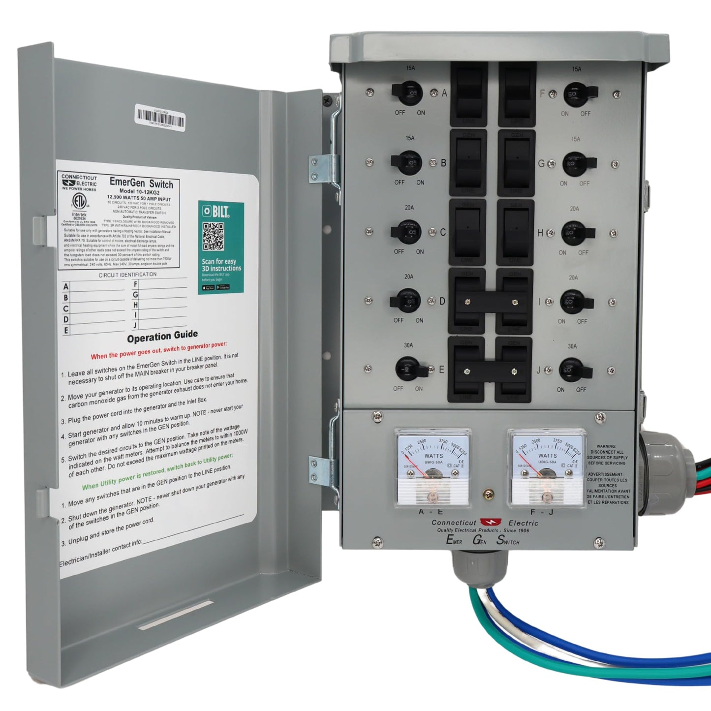 Connecticut Electric Series 2 Backup Power Manual Transfer Switch Kit, 50 Amp, 10 Circuits, with 25' Cord & Outdoor Rated 50A Inlet (Transfer Switch Kit - 25 ft Cord)