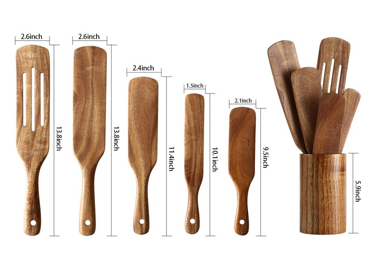 NAYAHOSE Wooden Spurtles Set with Holder, Natural Teak Kitchen Utensil Set of 6, Heat Resistant Non Stick Wood Cookware with Hanging Hole, Wood Spurtles Spatula Sets for Stirring, Mixing, Serving