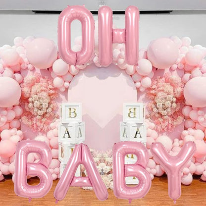 40 Inch Pastel Pink OH BABY Balloon for Baby Shower, Large Light Pink OH BABY Balloon Letters with Ribbon, Pearl Pink Alphabet Balloons Banner Sign for Girl Birthday Party Backdrop Decorations