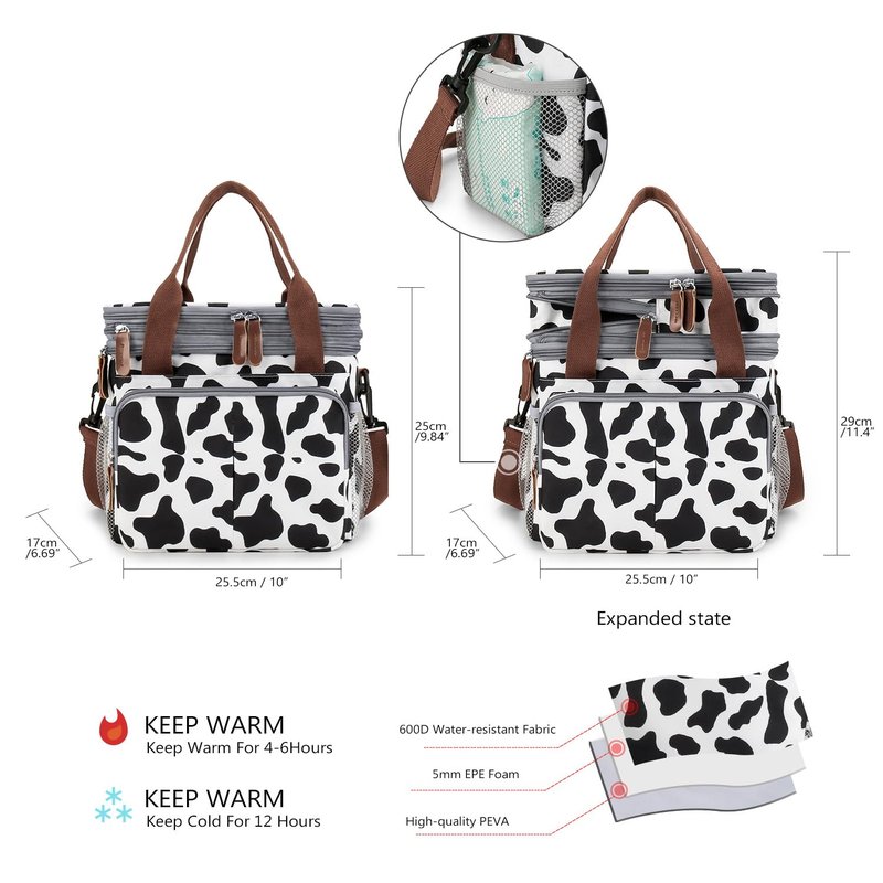 MEYTEILAY Lunch Bag for Women Men Expandable Double Deck Lunch Box Large Lunch Bags Leakproof Insulated Reusable Lunch Cooler Bag（Cow Print）
