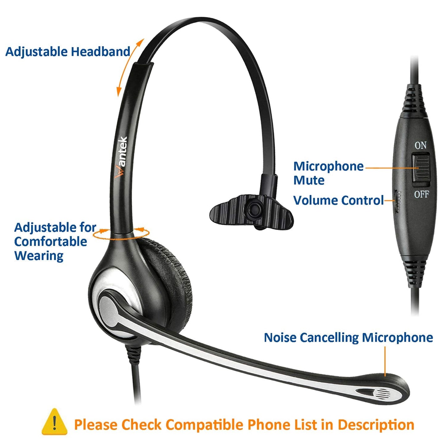 Wantek 2.5mm Telephone Headset with Mic Noise Cancelling, Office Phone Headset Compatible with AT&T ML17929 Panasonic Vtech RCA Uniden Cisco SPA Grandstream Polycom Cordless Dect Phones(A600F)