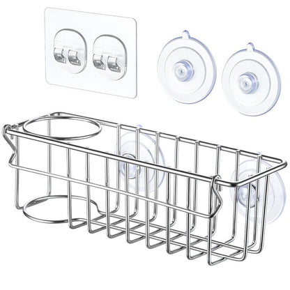3-In-1 Sponge Holder for Kitchen Sink with Suction Cups & Adhesive Hook , In-sink Sponge Holder, Wall Hanging Sink Caddy Organizer Rack - Sponge, Dish Cloth, Brush, Scrubber - 304 Stainless Steel
