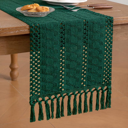 Socomi Boho Table Runner Macrame Long Summer Farmhouse Woven Cotton Linen Rustic Coffee Table Runner with Tassels for Dresser Scarf Home Decor Dining Room 12x108 inch Emerald Green