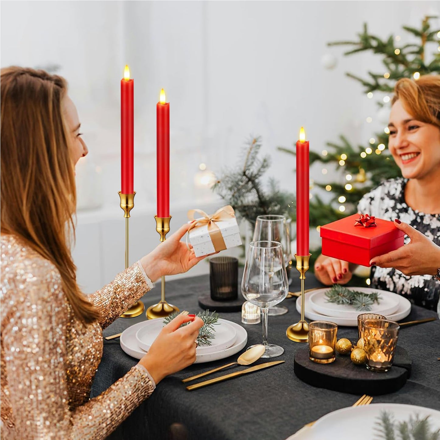 KSWING Upgraded Real Wax LED Flameless Red Taper Candles with Remote, 6 PCS Candlesticks Battery Operated 3D Flickering - 9.6" Long Realistic Fake Candle Sticks for Home/Wedding/Fireplace Xmas Decor