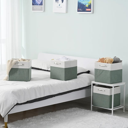 FinishingBo 13 x 13 Inch Fine Linen Storage Bins with Handles，Fabric Cube Boxs，Basket Organizers for Shelves for Home, Closet Drawers (White/Green-4 Pack )