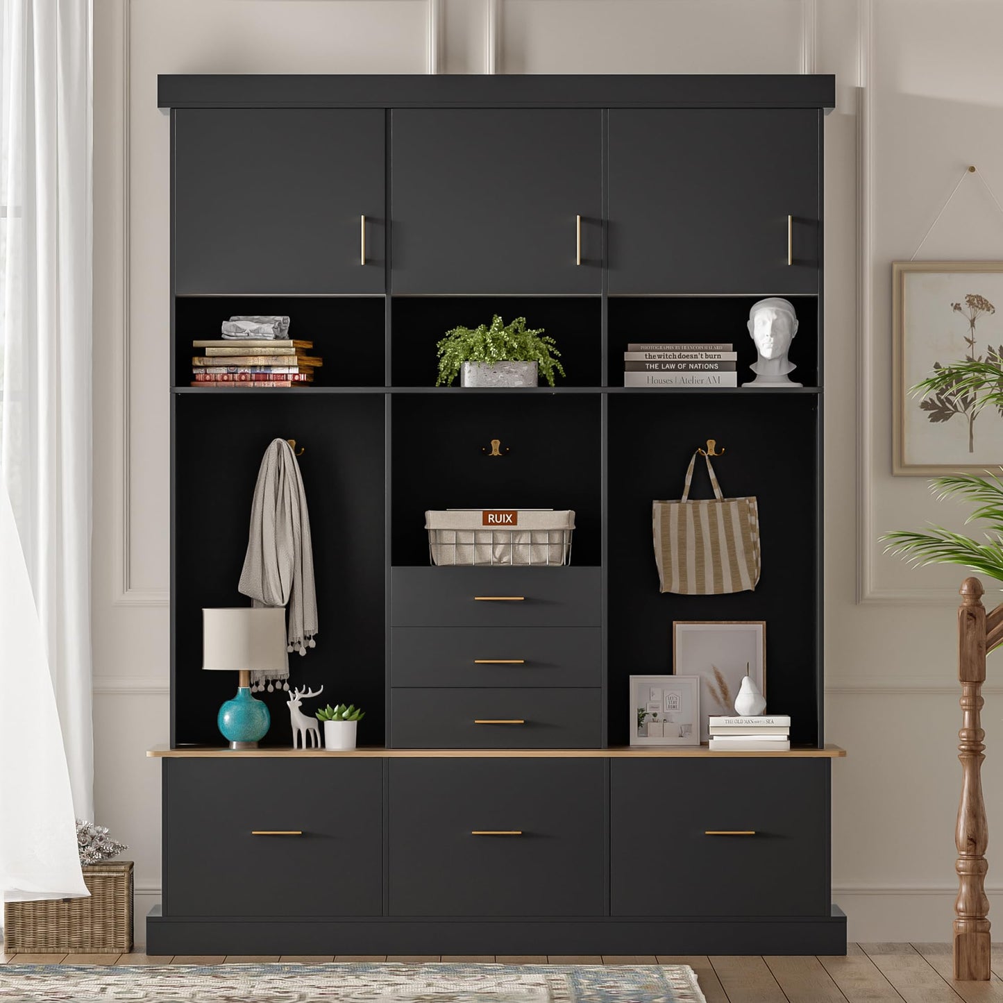 Merax 5-in-1 Hall Tree with Bench and Storage, Modern with Coat Rack, 6 Drawers, 3 Cabinets and 3-Tier Top Storage for Hallway, Entryway, Living Room, Black
