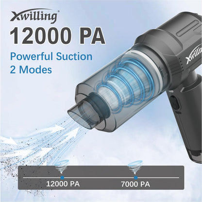 XWILLING Car Vacuum Cleaner High Power 12000 Pa, 4-in-1 Portable Cordless Handheld Vacuum Cleaner with Brushless Motor and Safety Hammer for Car Home Office Pet