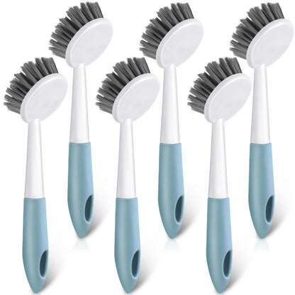 Patelai 6 Pack Kitchen Scrub Dish Brush with Long Handle Dish Scrubber with Stiff Bristles Scrub Brushes for Kitchen Dishes Washing Tools, Pots, Pans and Sink Cleaning (Celadon)