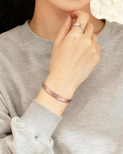 BioMag Women's Lymphatic Drainage Ring & Copper Bracelet, 99.99% Pure Copper Magnetic Bracelet & Ring with Built-in 3500 Gauss Magnets, Adjustable Size, Floral Vine Pattern