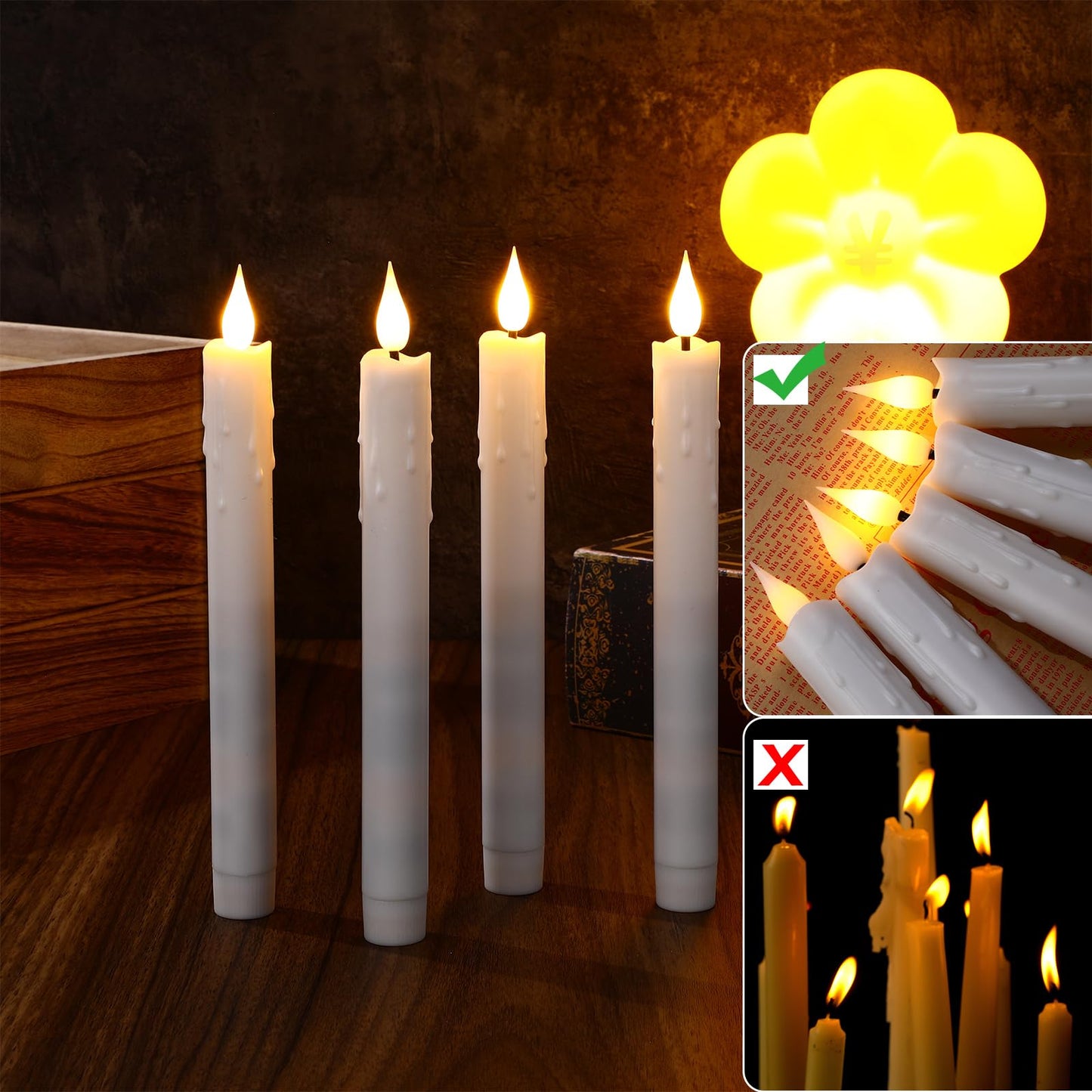 Baquler 50 Pcs 8.9 Inch White Flameless Taper Candles Dripless Battery Operated LED Flickering Candlesticks Window Candle with 3D Flickering Flame for Easter Home Wedding Church Decor