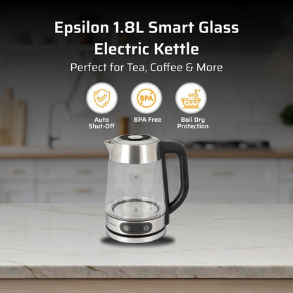 Epsilon 1.8L Glass Electric Kettle – Hot Water Tea Kettle with Borosilicate Glass & Stainless Steel, Auto Shut-Off, Fast Boil 1100W Electric Teapot, BPA-Free, Cool Touch Base