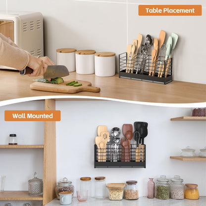 VEESUN Large Utensil Holder with Diatomaceous Earth Base, for Kitchen Counter, Cooking Utensil Organizer, 4 Compartments