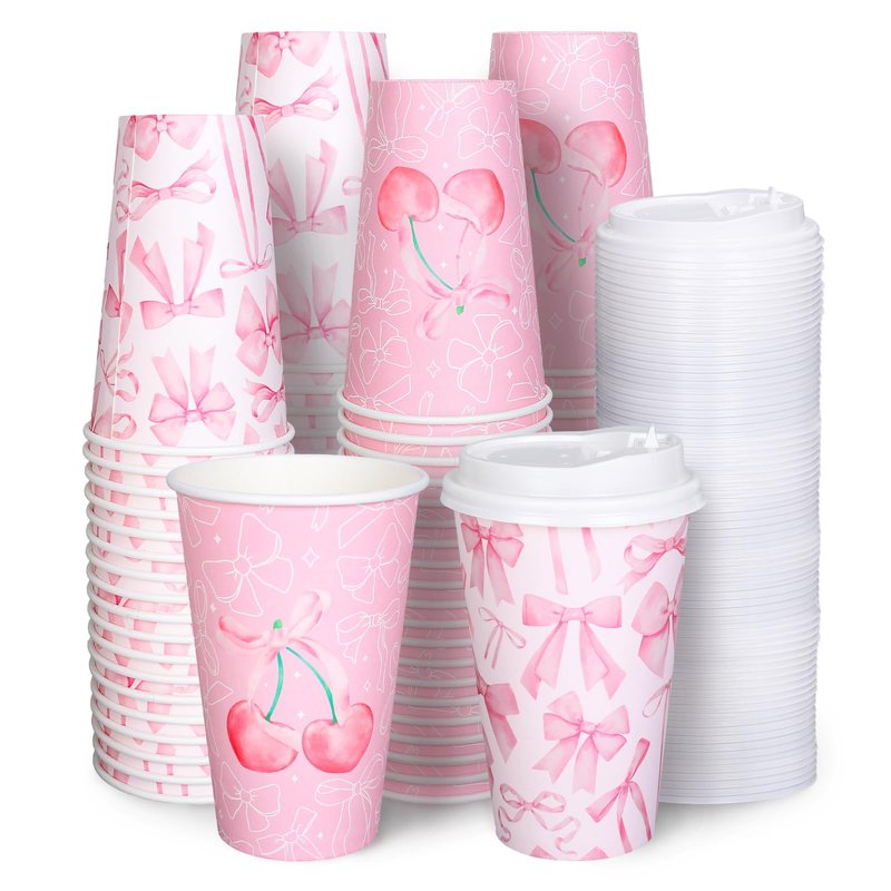 FYSUIMU 50 Pcs Pink Bow Coffee Paper Cups Cherry Bowknot Coquette 16 Oz Disposable Cups with Lids for Hot Cold Drinks Birthday Baby Shower Bachelorette Party Supplies, 2 Designs