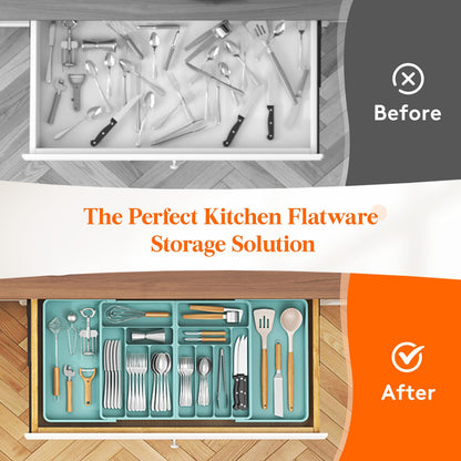Lifewit Large Silverware Drawer Organizer, Expandable From 21 to 36 Inches, BPA Free Plastic Utensil Tray for Kitchen, Adjustable Flatware and Cutlery Holder for Spoons Forks Knives, Black