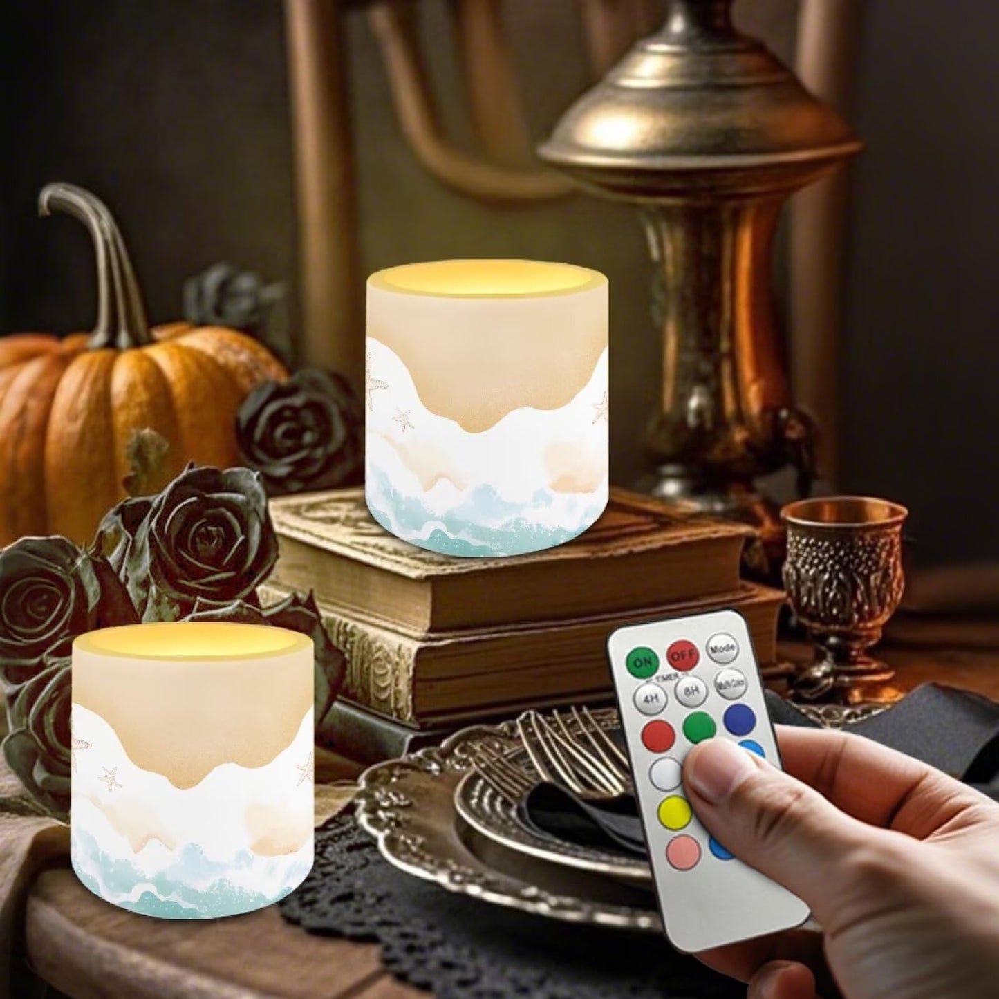NETILGEN Beach Ocean Wave Decorative Flameless LED Pillar Candles with Timer Remote Control 4 Packs Set 3 inch Realistic Flickering Candles with Battery Powered