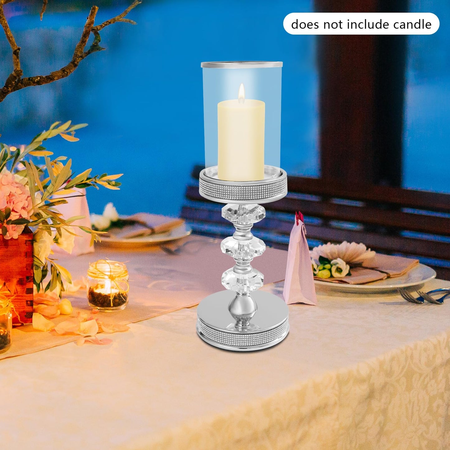 Candle Holder, Crystal Candlesticks Holder Set, Tabletop Pillar Candle Holders for Wedding, Parties, Events, Chirstmas, Home Decor, Table Centerpieces (Silver 03, L)