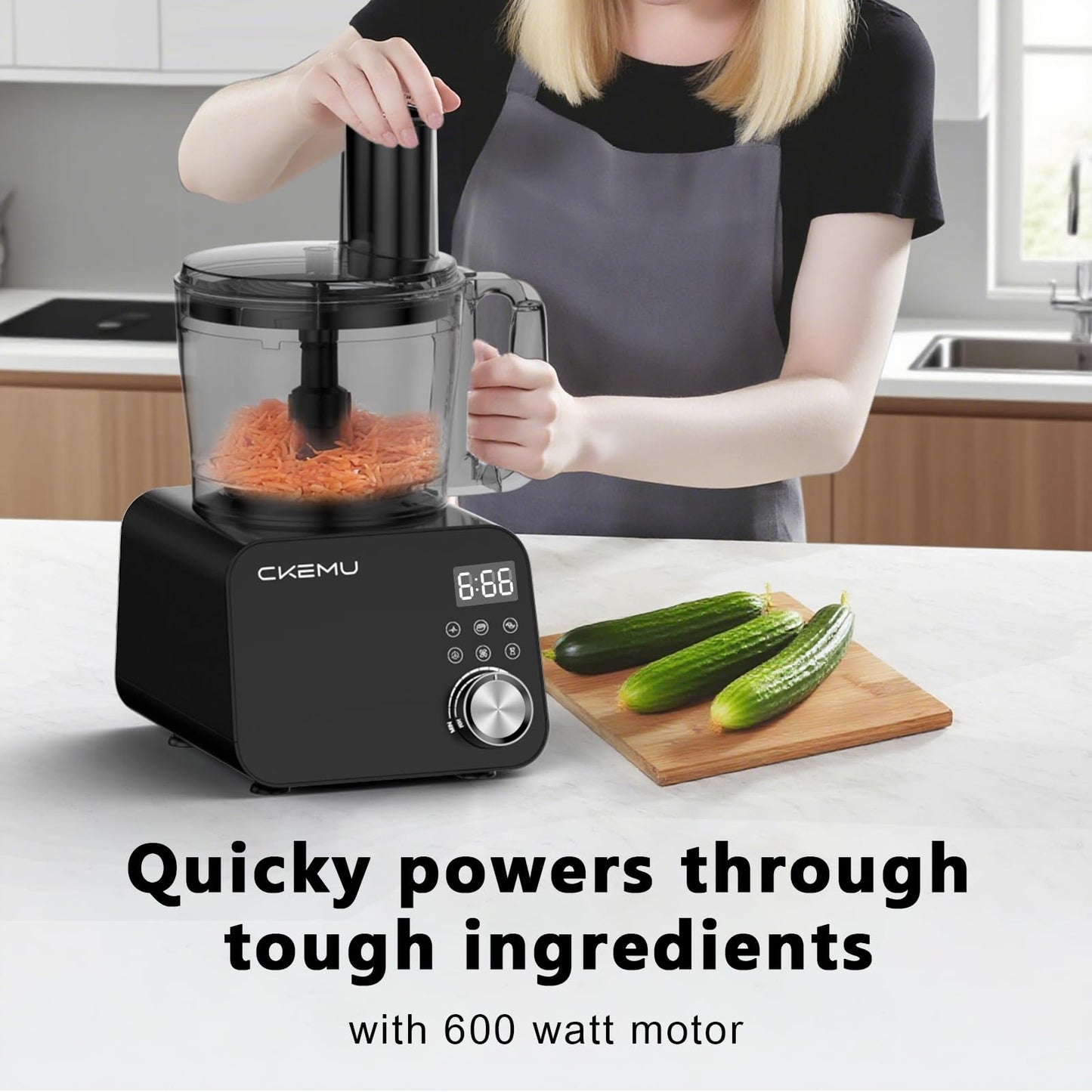 CKEMU Smart Food Processor and Vegetable Chopper, 6 Automatic Functions, BPA Free, Stainless Steel Blades, 12 Cup Bowl, 600-Watt Motor, Black