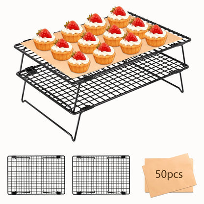 ZHIWUJIA 2-Tier Stackable Cooling Rack with Legs, 13"x 9" Nonstick Collapsible Wire Rack with 50 Pcs Parchment Paper for Baking Cookies, Cakes, Bread, Pizza