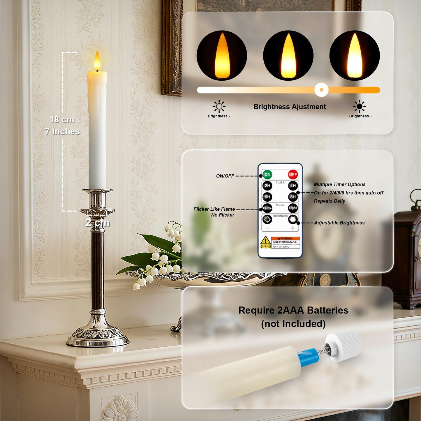 Meigic 7 Inches Dripless Flameless Taper Candles with Remote Timer Dimmer, Real Wax Battery Candlesticks, 3D Flame Fake Candlesticks for Home Wedding Christmas Decor, White, 6 Pcs
