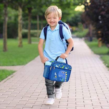 BrainyBees Insulated Kids Lunch Bag - Reusable Boys Lunch Box with Water Bottle Holder Toddler Lunch Tote Bag for Daycare and School, Easy to Clean, Blue Cute Dinosaur