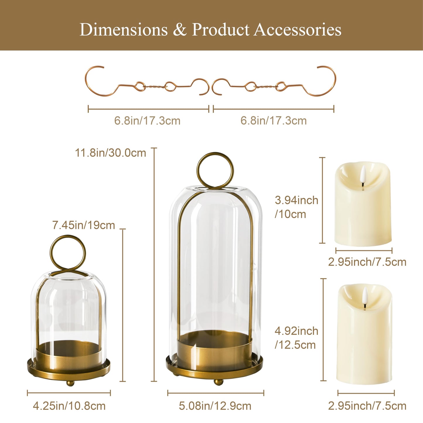 Ganwu 5"&4" Metal Candle Holder with Handmade Glass Dome in Brass & 2 Timer Candles, Set of 2 Versatile Hurricane Glass Candle Holders for Pillar Candles & Plants