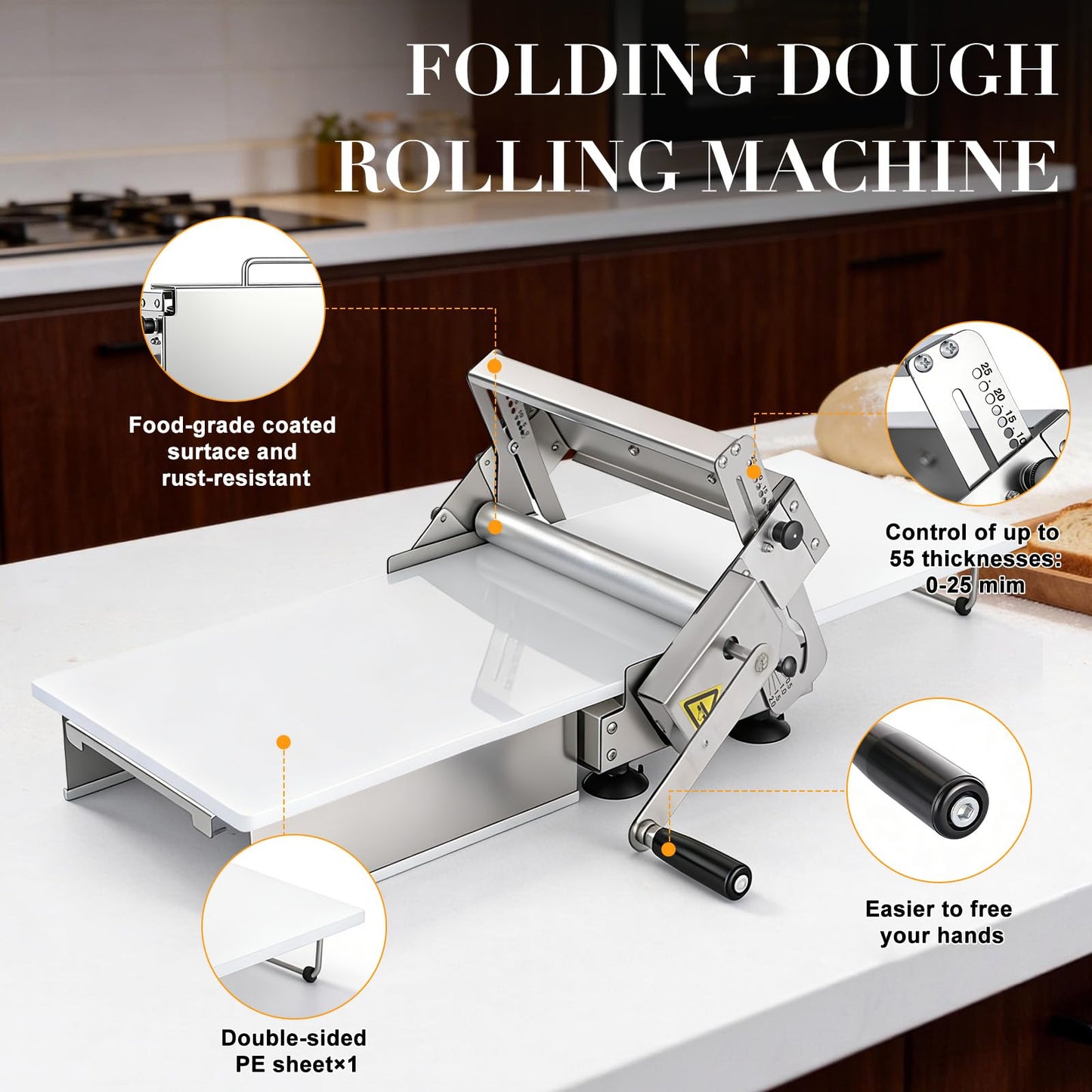 Folding Dough Sheeter Machine, 15.5"Stainless Steel Manual Dough Roller Adjustable Thickness with Sheeter Board for Pizza Croissants Pastry Crust Pastry (Type 400)