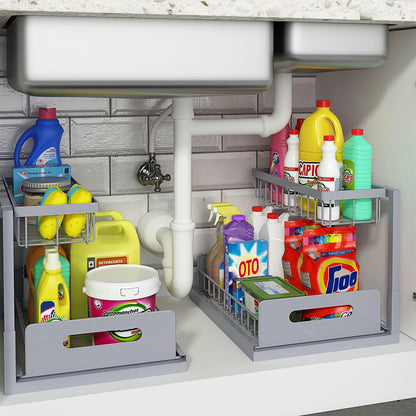 REALINN Under Sink Organizer, Pull Out Cabinet Organizer 2 Tier Slide Out Sink Shelf Cabinet Storage Shelves, Storage for Kitchen Bathroom, White, 2 Pack