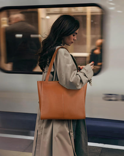 befen Real Leather Tote Shoulder Bags for Women Work, Women's Tote Bag Purses with Compartments for Daily and Travel Cognac Brown