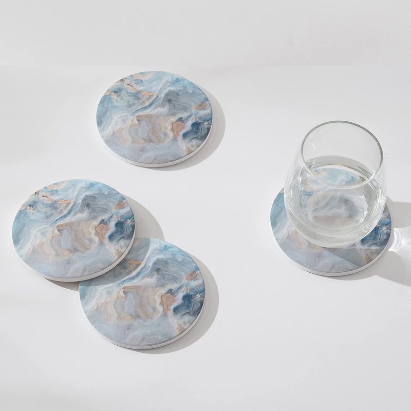 Hoomey Set of 6 Abstract Blue Marble Coasters with Holder, Absorbent Ceramic Coasters for Drinks, Coasters with Cork Backing for Table Protection, Housewarming Gifts for New Home