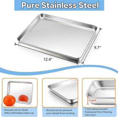 TeamFar Toaster Oven Pan, 12.4’’ x 9.7’’ x 1’’ Stainless Steel Baking Pan Tray Cooling Wire Rack with Silicone Mat Set for Cooking Use, Healthy & Sturdy, Oven & Dishwasher Safe, Set of 3