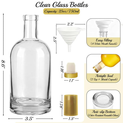 TBWIND 25 oz Clear Glass Bottles with Cork, 4 Pack Clear 750ml Liquor Bottles, Thick Heavy Base Airtight Wine Bottles for Beverages, Liquor, Whiskey, Oil, Vinegar, Wedding Favors & Crafts