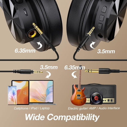 OneOdio A70 Bluetooth Over Ear Headphones, Wireless Headphones with 72H Playtime, Hi-Res, Built-in Mic, 3.5mm/6.35mm Wired Audio Jack for Studio Monitor & Mixing DJ Guitar AMP, Computer PC Gaming