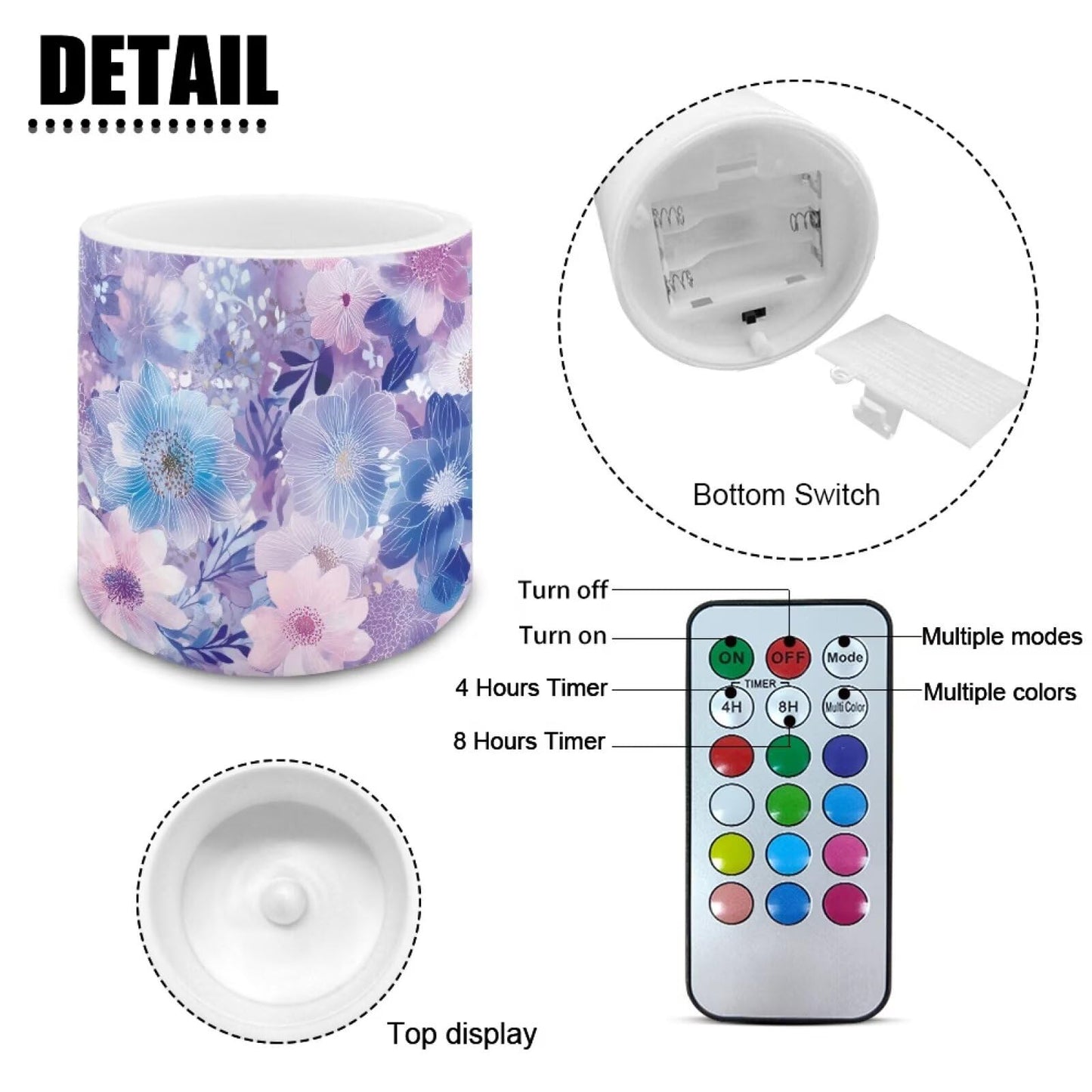 Cozeyat Purple Floral Flameless Candles 4 Pack Battery Operated with Remote Control Timer LED Pillar Candles Waterproof for Indoor Outdoor Home