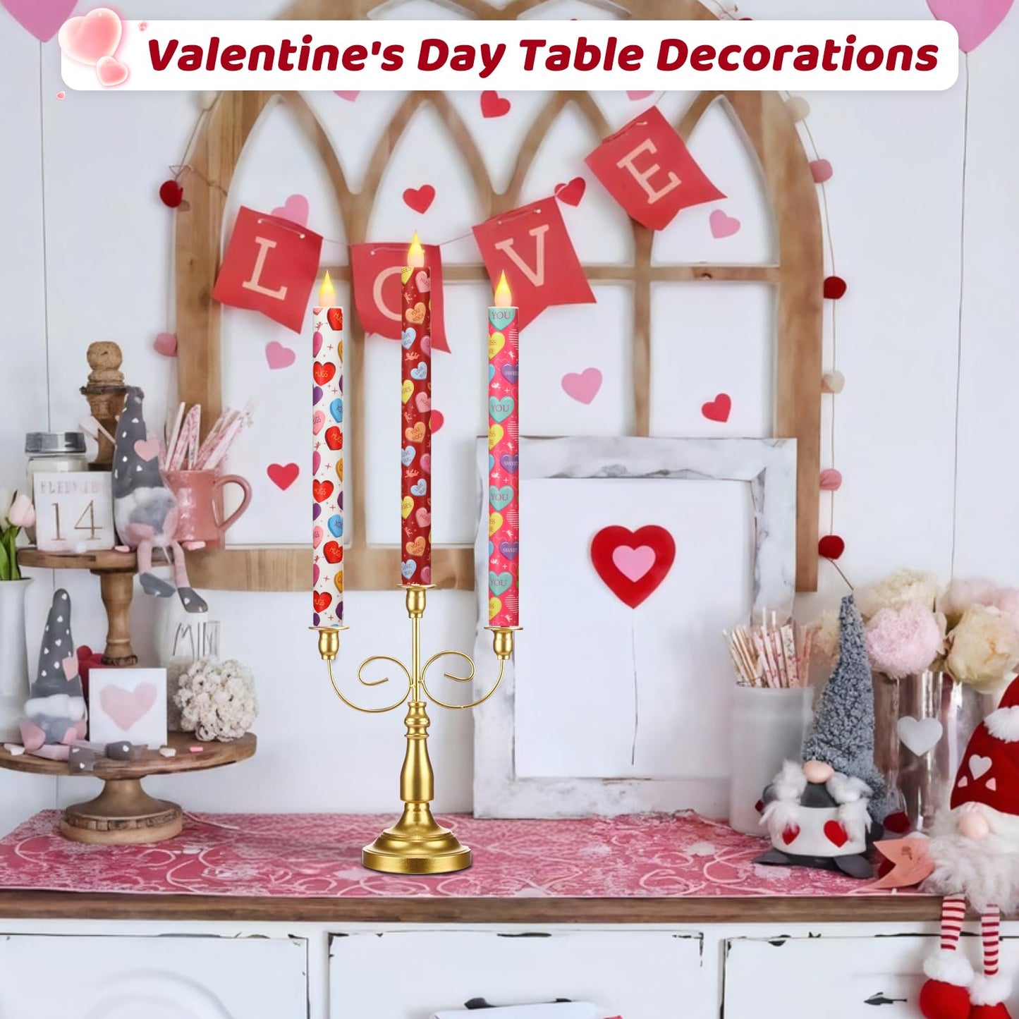 LCZLUMIPRO Valentine Taper Candles, 6 Pcs 10.6 Inch Flameless LED Candlesticks with Remote & Timer, Battery Operated Conversation Heart Decor for Valentine‘s Day Dinner Anniversary Wedding Table Decor