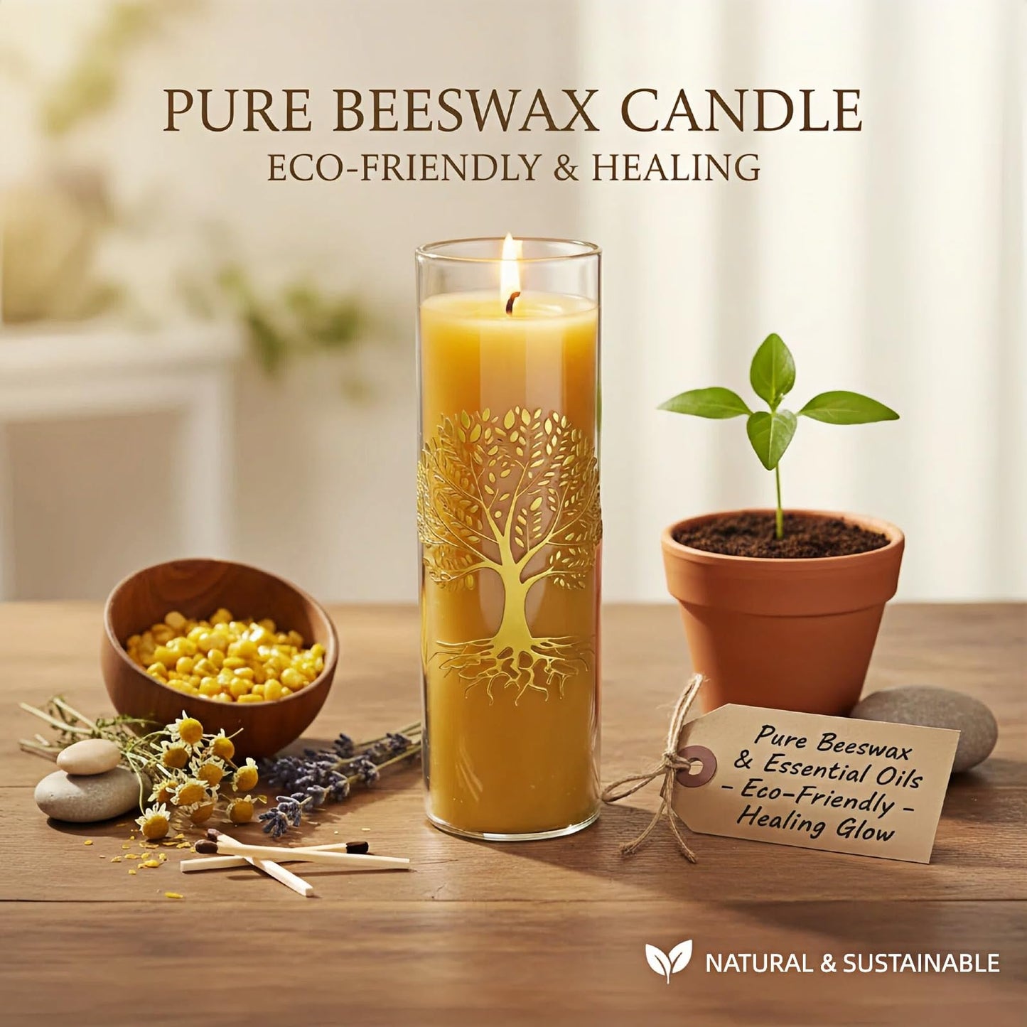 CYSEdge The Tree of Life Pure Beeswax Candles, Single Glass Pack - 80-Hour Burn Time, Clean Burning Long-Lasting Eco-Friendly Candle for Meditation, Prayer & Gift Giving