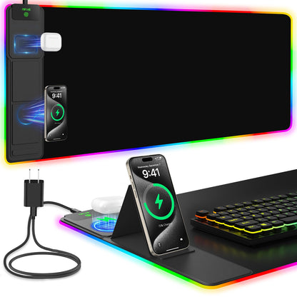 Mouse Pad with Wireless Charging, Large Desk Mat RGB Gaming Mousepad, 10 Light Colors LED Gaming Pad Keyboard Pad with Ultra-Smooth Surface & Non-Slip Rubber Base, Waterproof Full Desk Mouse Pad
