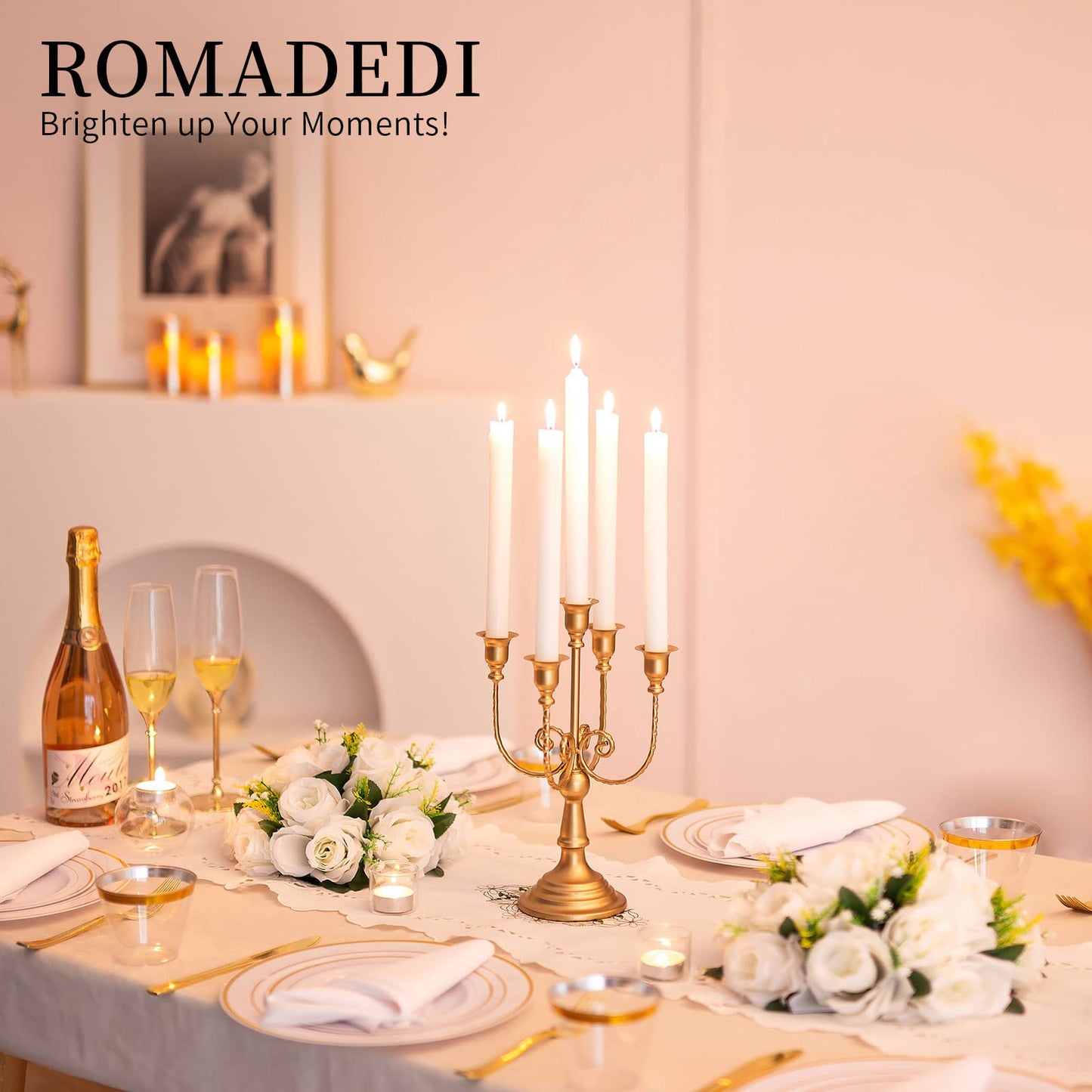 Romadedi Candelabra Gold Candle Holders - 5 Arm 11.8" Wedding Candlestick Holder for Theme Party Table Centrepiece Decor Dining Room Birthday Holiday Christmas