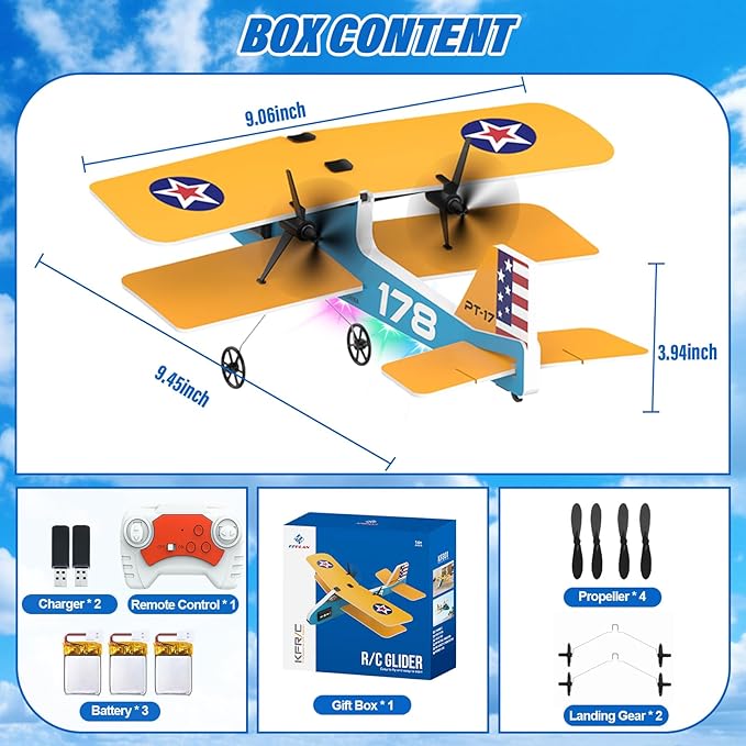 RC Plane 2.4Ghz Remote Control Airplane with 3 Batteries &amp 6-axis Gyro Stabilizer 2 Channel RTF PT-17 RC Toy Easy to Fly for Beginners Kids Boys Girls Adults (Yellow)