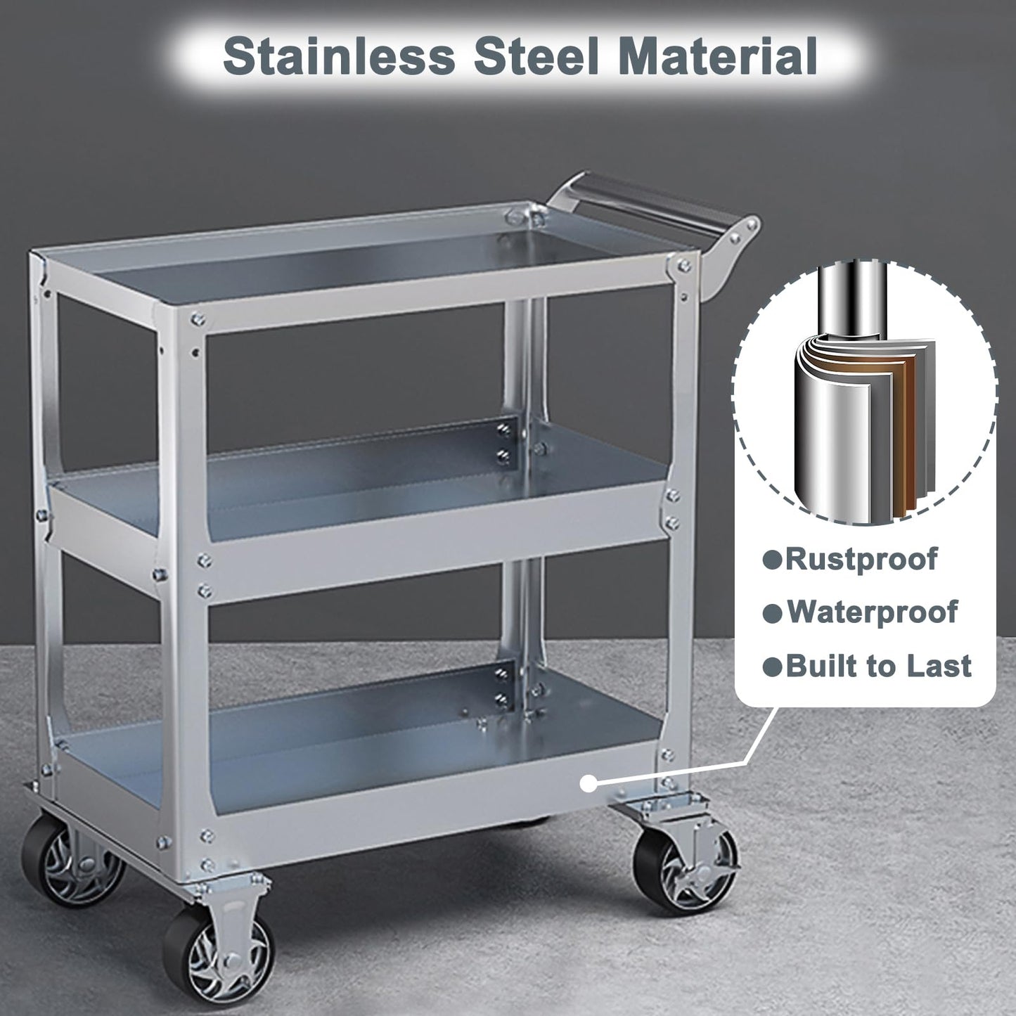 3-Tier 14 Gauge Stainless Steel Utility Cart, 1100 lbs Heavy Duty Service Cart with Wheels, Rolling Tool Cart on Wheels for Mechanic, Garage, Workshop, Warehouse, 15.75" D x 30.7" W x 36.2" H