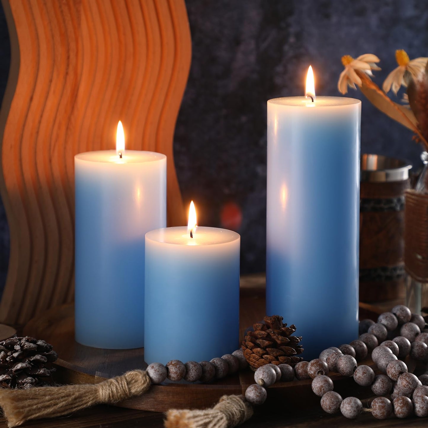 Sumind Set of 12 Pillar Candles Bulk 3"x 4", 6", 8" Dripless Unscented Poured Candles Long Clean Burning Tapers for Wedding Rustic Party Spa Bath Home Decor Relaxation All Occasions(Blue)