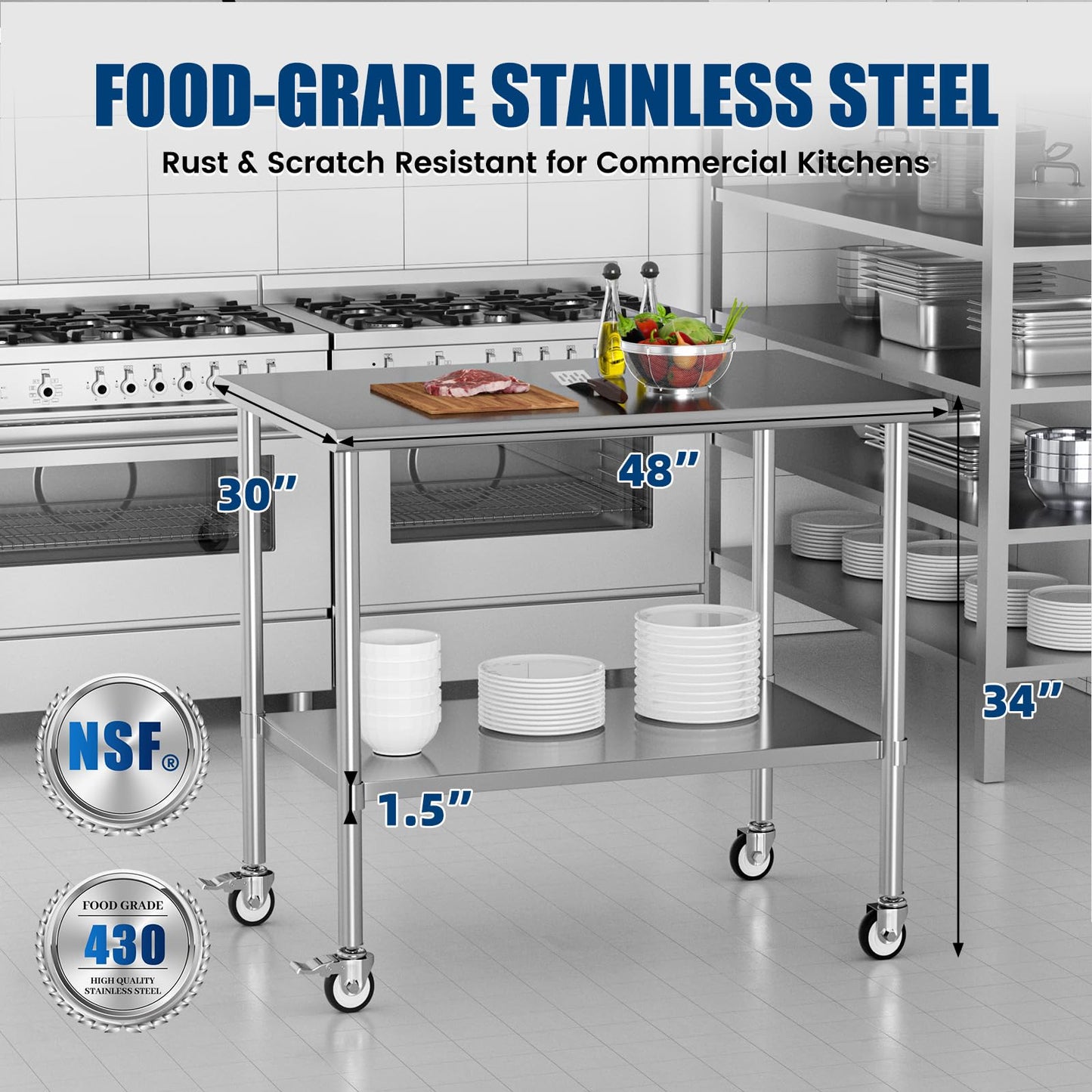 Chingoo Stainless Steel Work Table with Wheels, 30x48 Inch NSF Kitchen Prep Table with Adjustable Undershelf for Commercial Restaurant, Garage, Outdoor BBQ