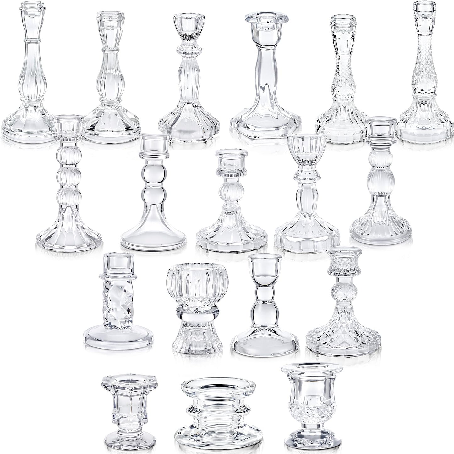 Mumufy 18 Pcs Glass Crystal Taper Candle Holders Clear Glass Candlestick Holder Fit 0.8 Inch Candles Crystal Decorative Candlestick Stand Centerpiece for Table Wedding Dining Party